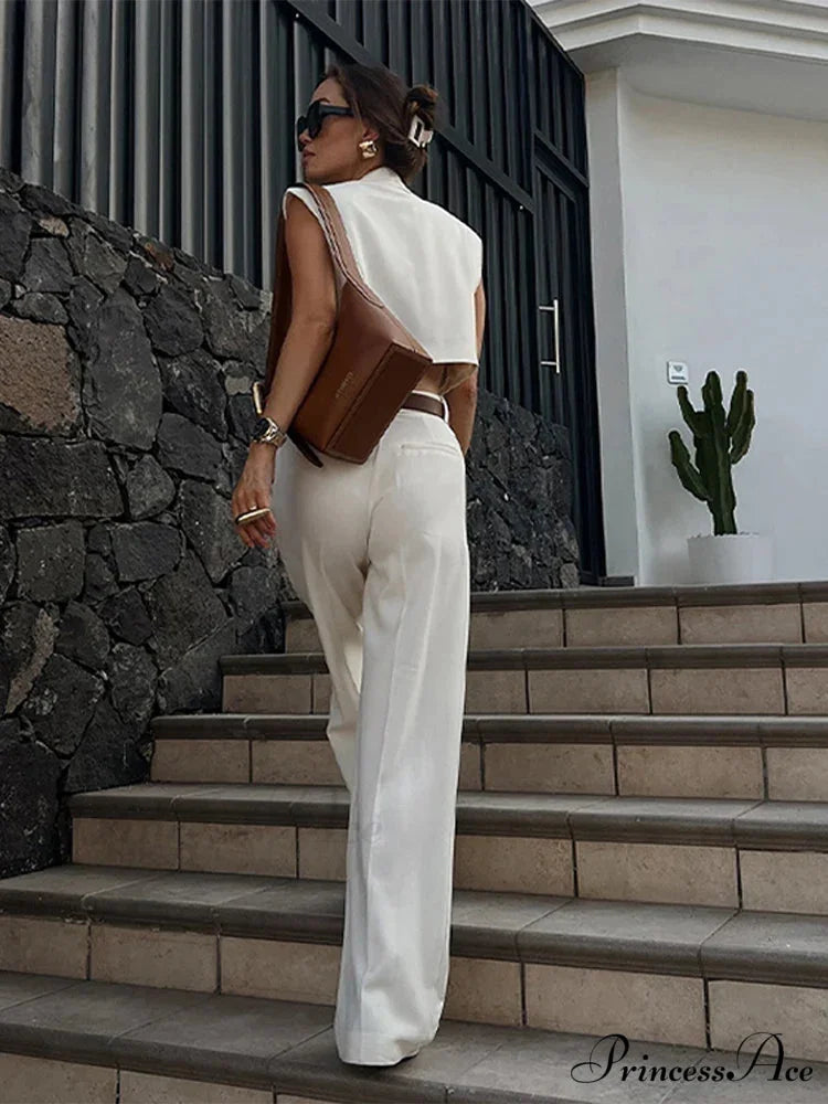 White Deep-neck Sleeveless Wide Leg Workplace Two Piece Set officetwopieceset-250223