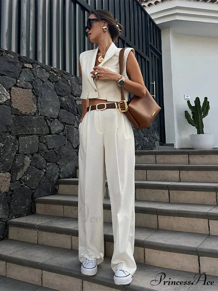 White Deep-neck Sleeveless Wide Leg Workplace Two Piece Set white tops / XS officetwopieceset-250223