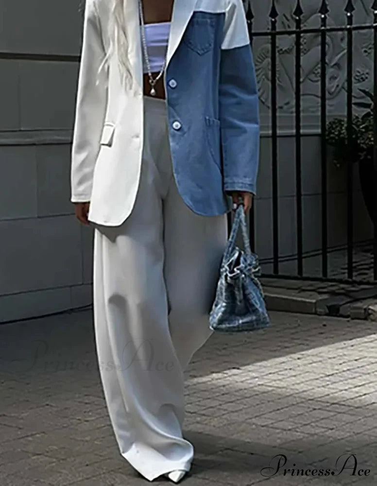 White Denim Patchwork Pants Workplace Two Piece Ensemble officetwopieceset-250223