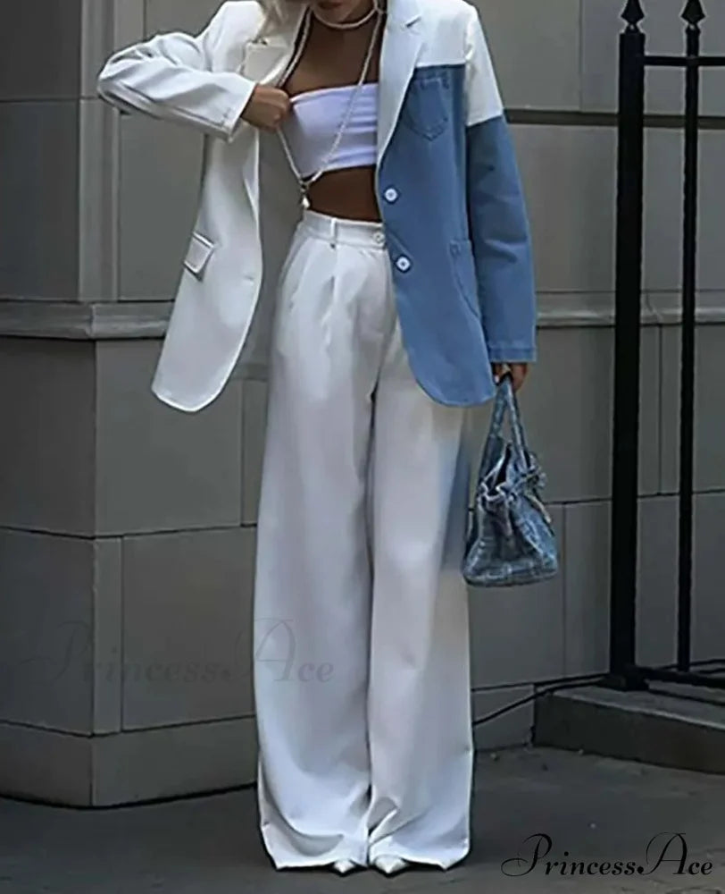 White Denim Patchwork Pants Workplace Two Piece Ensemble WHITE / S officetwopieceset-250223