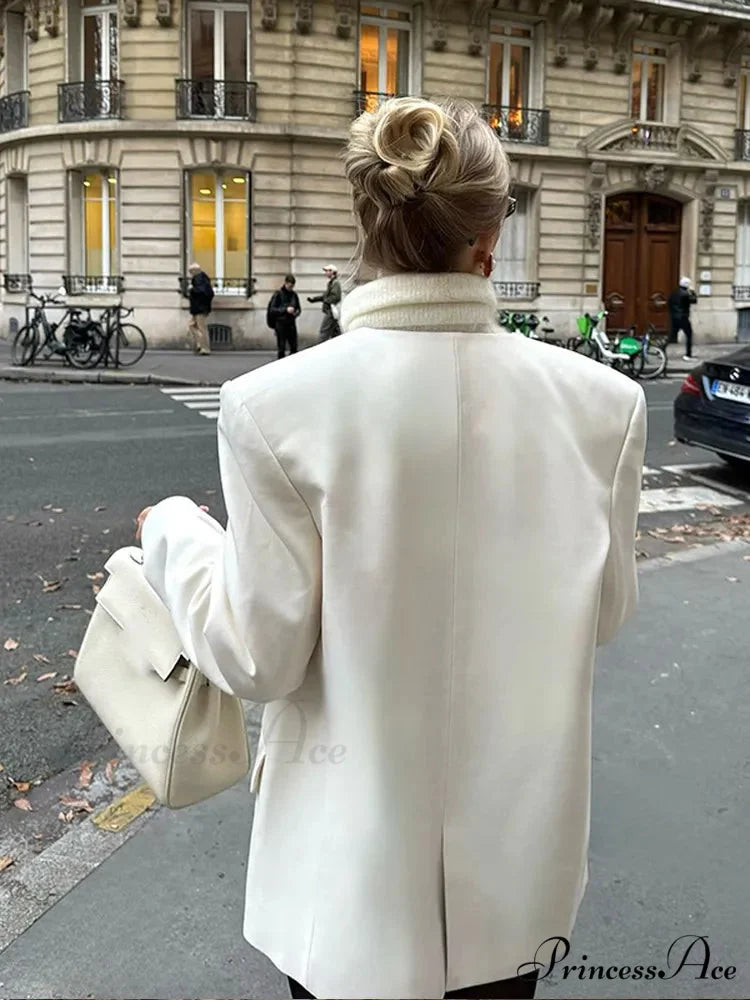 White Dual Pockets V-neck Jacket coats-241228