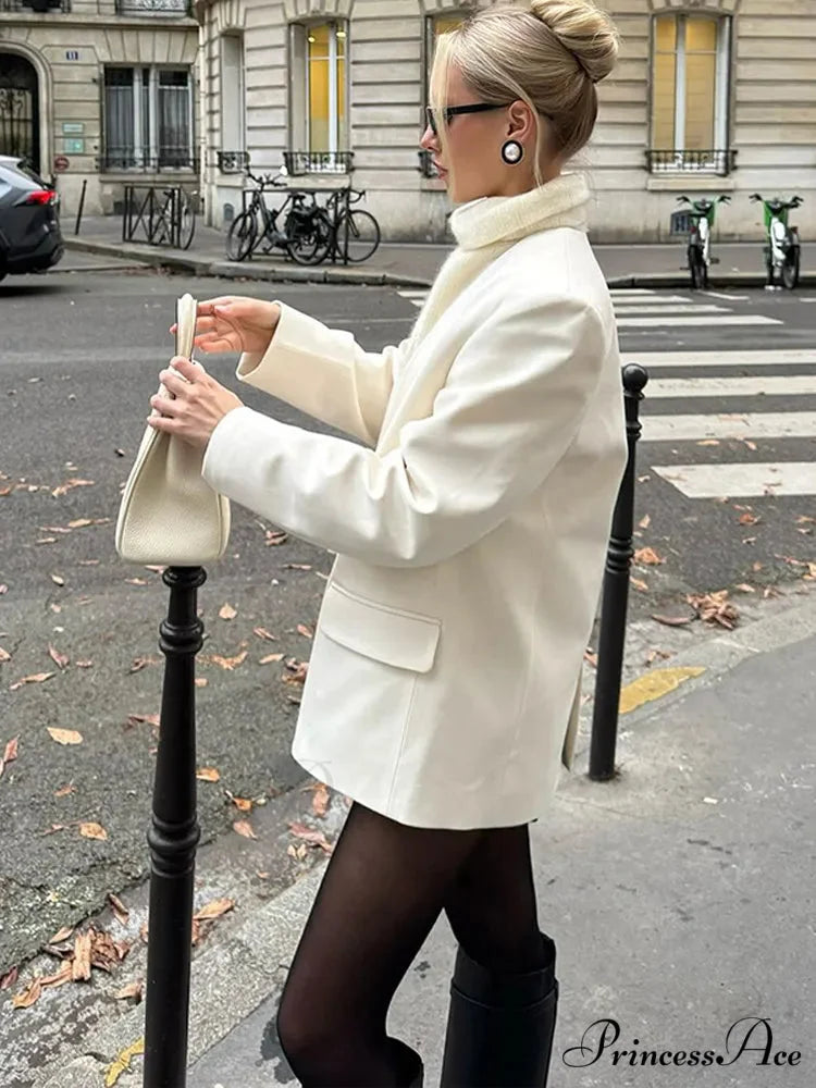 White Dual Pockets V-neck Jacket coats-241228