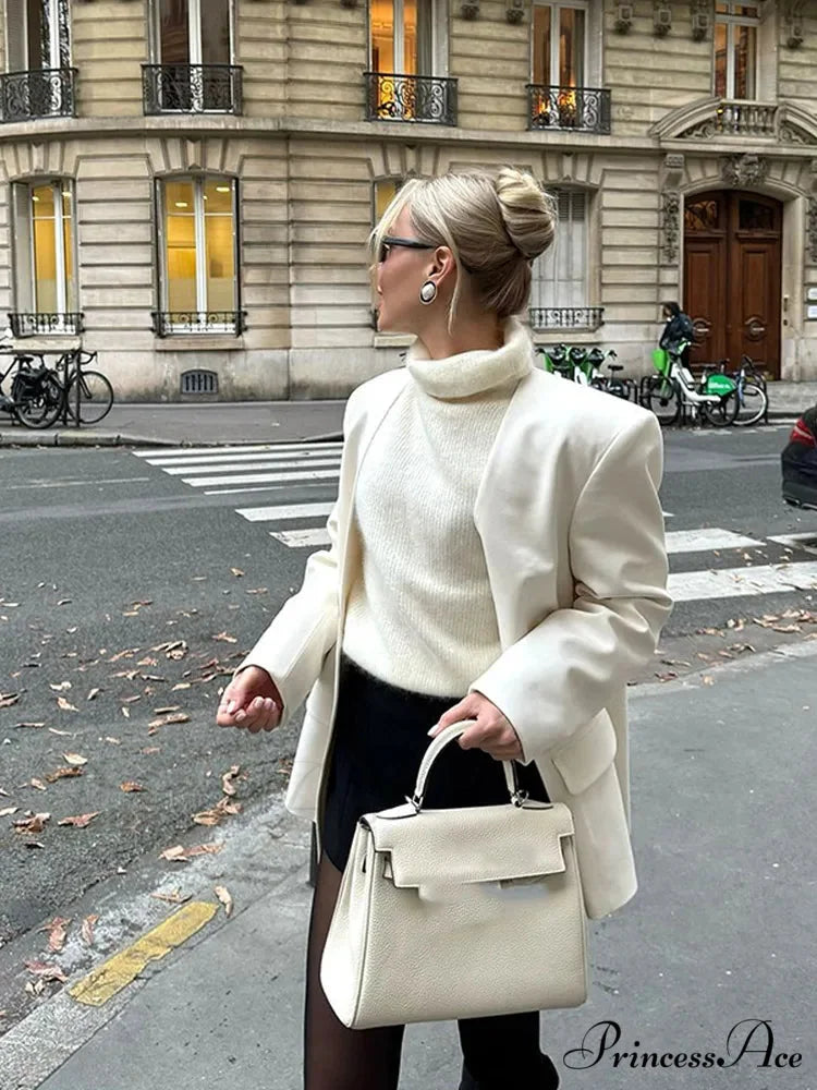 White Dual Pockets V-neck Jacket coats-241228