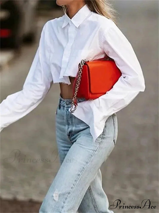 White Extended Sleeve Fold Over Collar Cropped Blouse blouse-250126