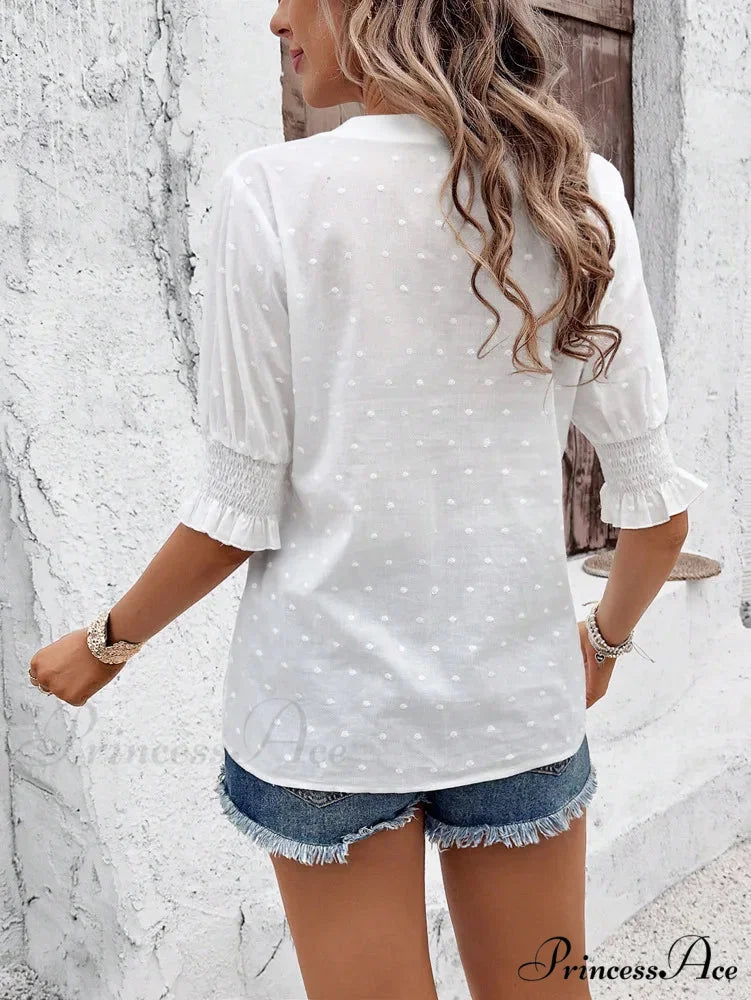 White Floral Embroidery Hollow Out Cotton Boho Blouse Modified Title: Ivory Blossom Stitching Cutout Cotton Bohemian
