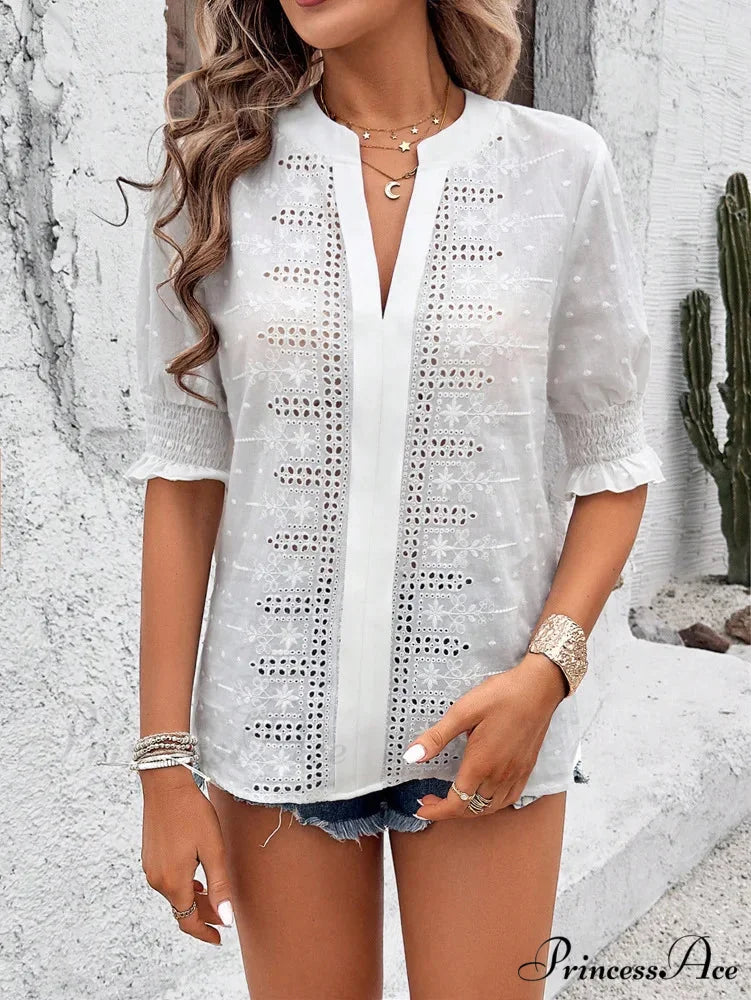 White Floral Embroidery Hollow Out Cotton Boho Blouse Modified Title: Ivory Blossom Stitching Cutout Cotton Bohemian