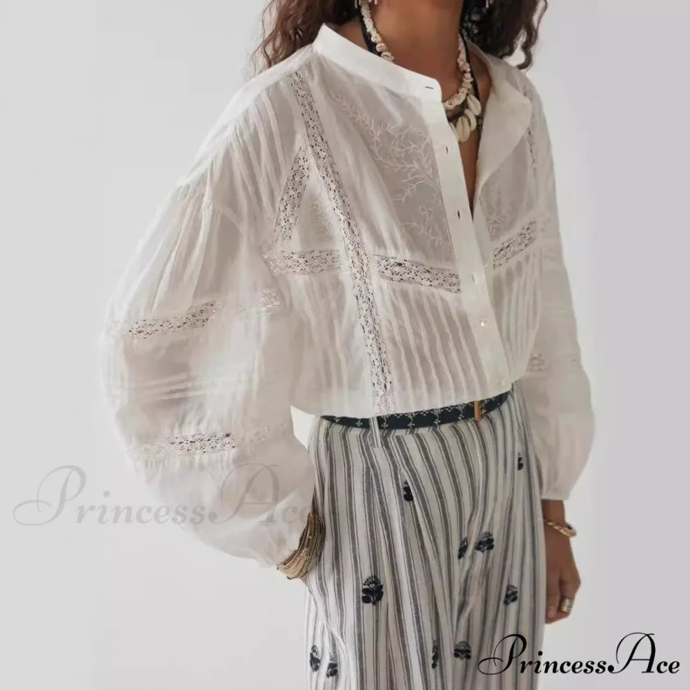 White Floral Embroidery Lace Extended Sleeve Boho Top bohoblouse-250126