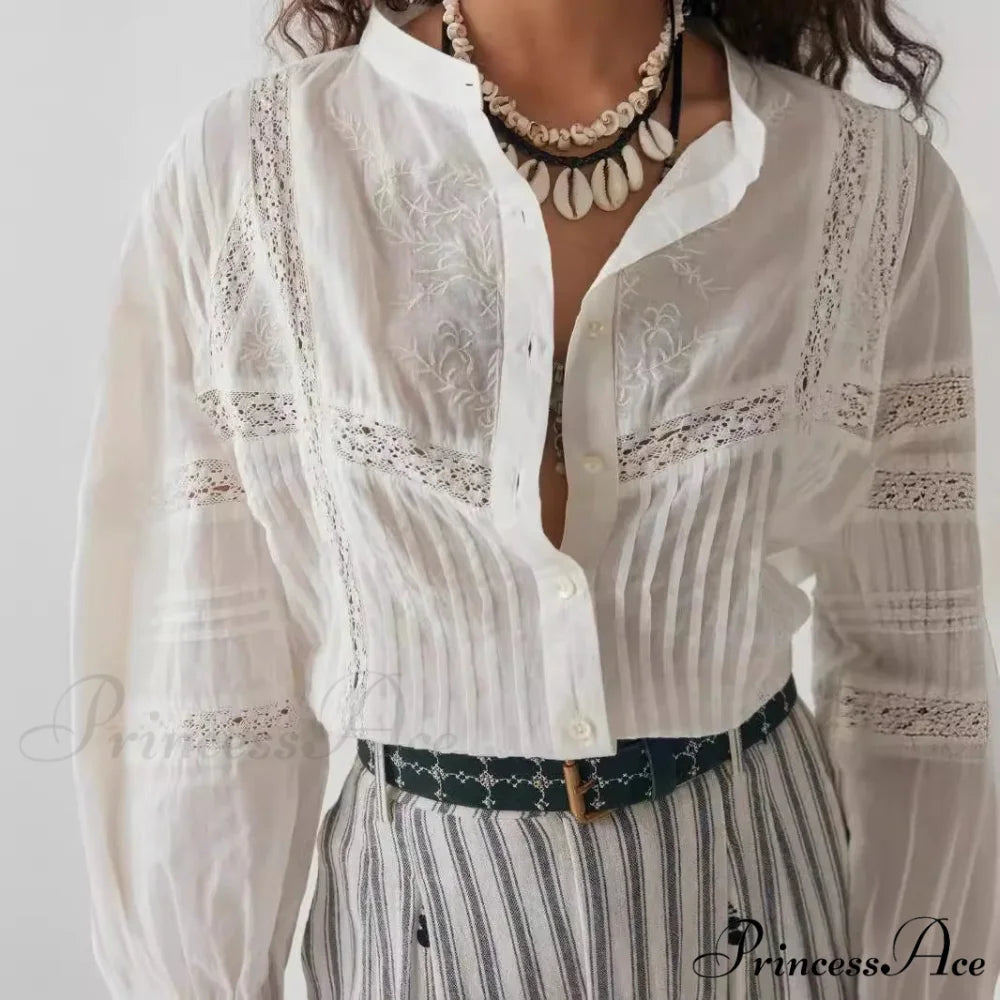 White Floral Embroidery Lace Extended Sleeve Boho Top bohoblouse-250126