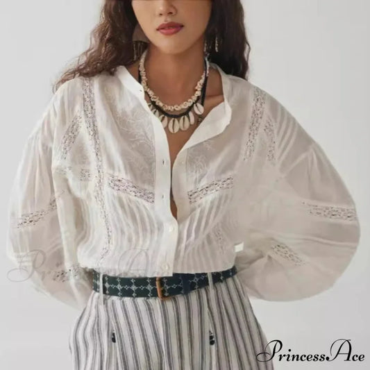 White Floral Embroidery Lace Extended Sleeve Boho Top White / S bohoblouse-250126