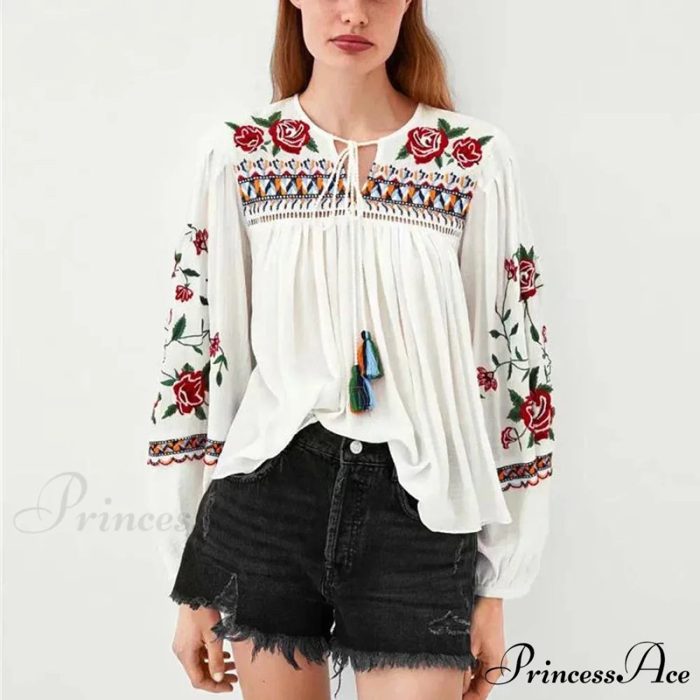 White Floral Stitching Puff Sleeve Baggy Boho Top Beige / One Size bohoblouse-250126