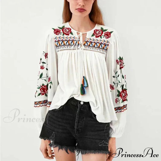 White Floral Stitching Puff Sleeve Baggy Boho Top Beige / One Size bohoblouse-250126