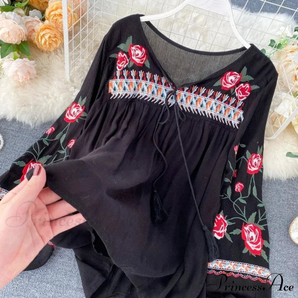 White Floral Stitching Puff Sleeve Baggy Boho Top Black / One Size bohoblouse-250126