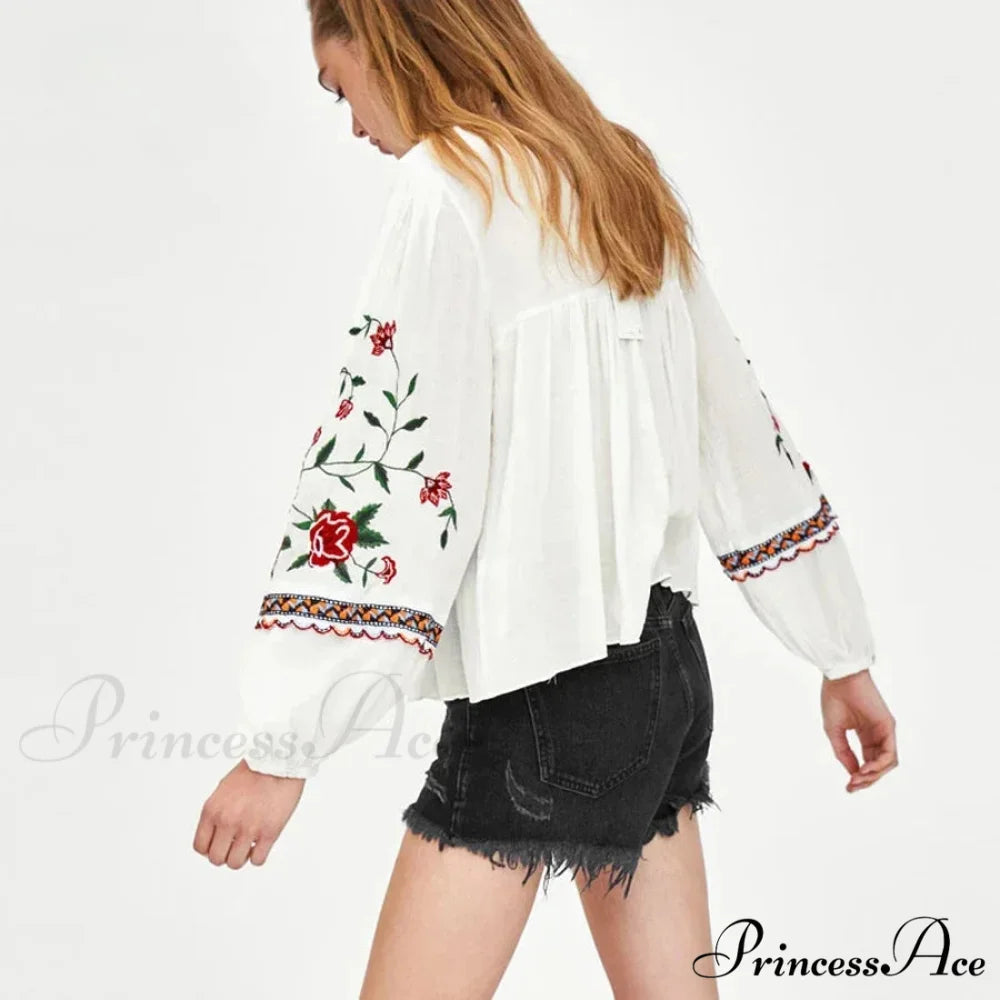 White Floral Stitching Puff Sleeve Baggy Boho Top bohoblouse-250126