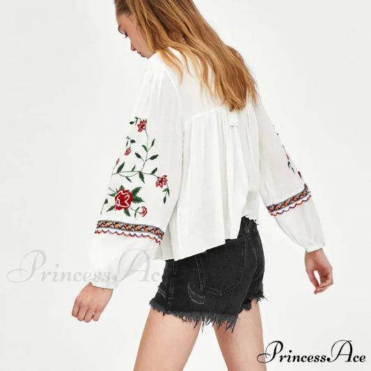 White Floral Stitching Puff Sleeve Baggy Boho Top bohoblouse-250126