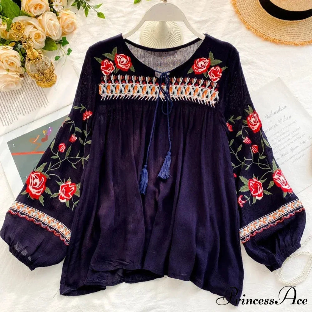 White Floral Stitching Puff Sleeve Baggy Boho Top Royal blue / One Size bohoblouse-250126