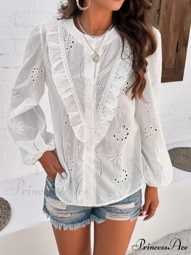 White Floral Stitching Retro Extended Sleeve Boho Top bohoblouse-250126