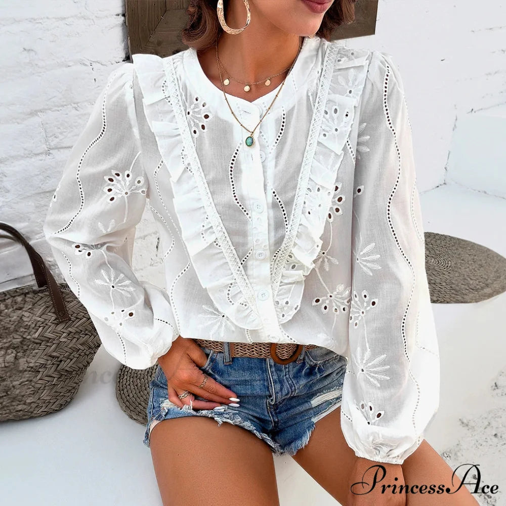 White Floral Stitching Retro Extended Sleeve Boho Top bohoblouse-250126