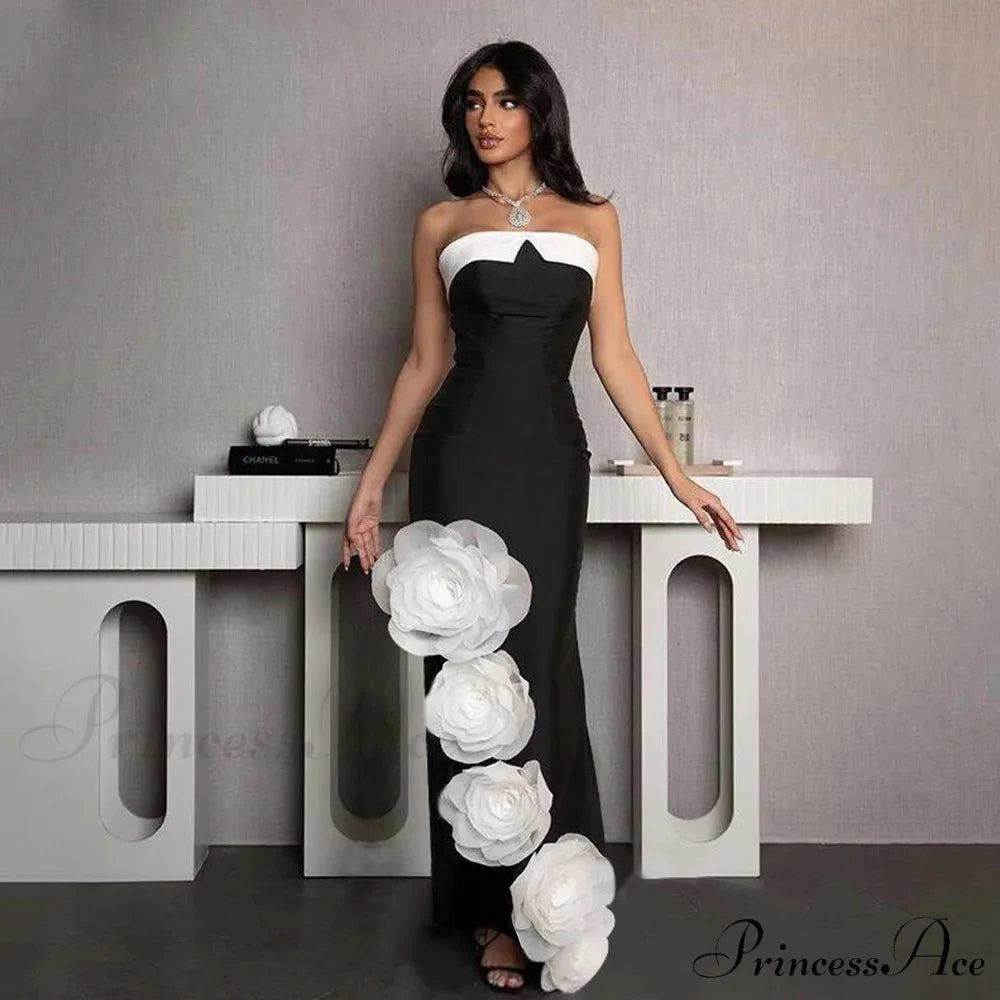 White Flowers Off-The-Shoulder Party Dress Black / S