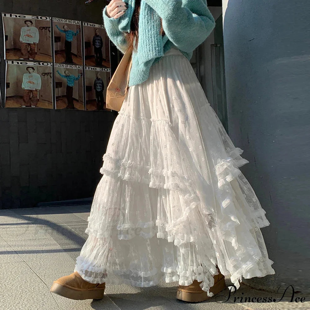 White Flowery Tulle Full-Length Skirt WHITE / S skirts-250223