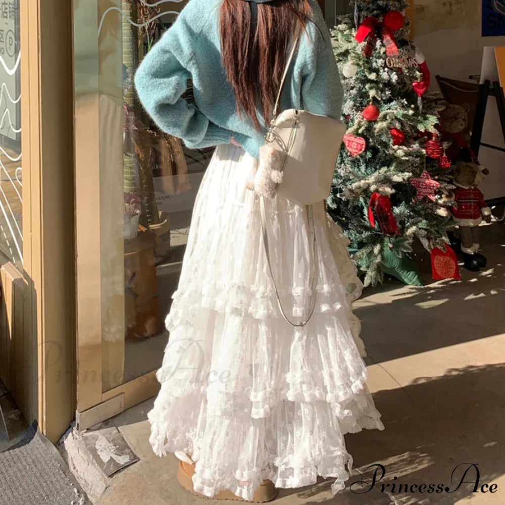 White Flowery Tulle Full-Length Skirt skirts-250223