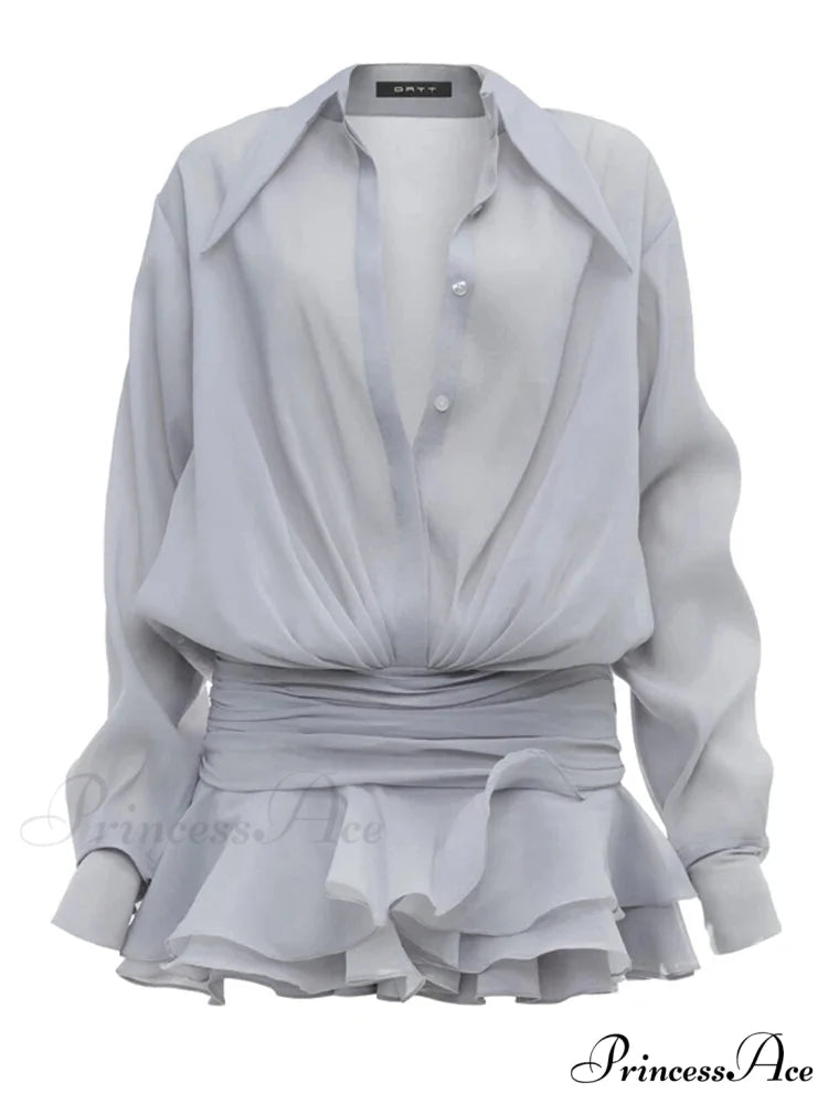 White Frilled Extended Sleeve Mini Dress GRAY / S minidress-250223