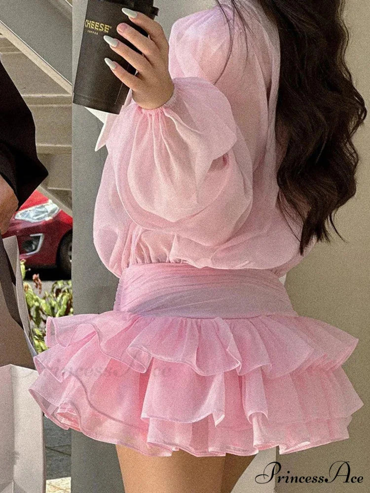 White Frilled Extended Sleeve Mini Dress Pink / S minidress-250223
