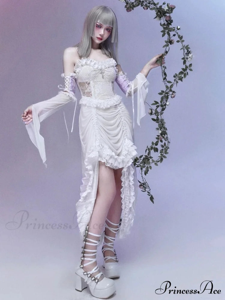 White Gothic Rope Lace Flying Sleeve Stiletto Strap Asymmetric Light Lolita Summer Party Evening Dress