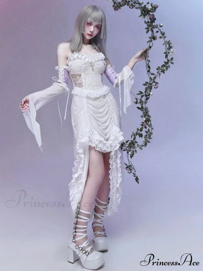 White Gothic Rope Lace Flying Sleeve Stiletto Strap Asymmetric Light Lolita Summer Party Evening Dress