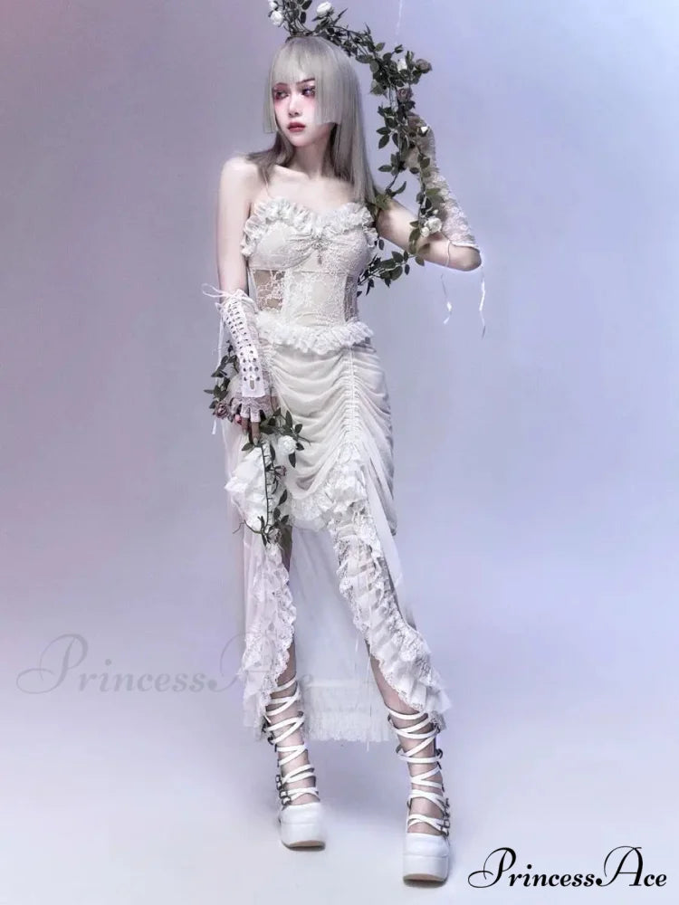 White Gothic Rope Lace Flying Sleeve Stiletto Strap Asymmetric Light Lolita Summer Party Evening Dress