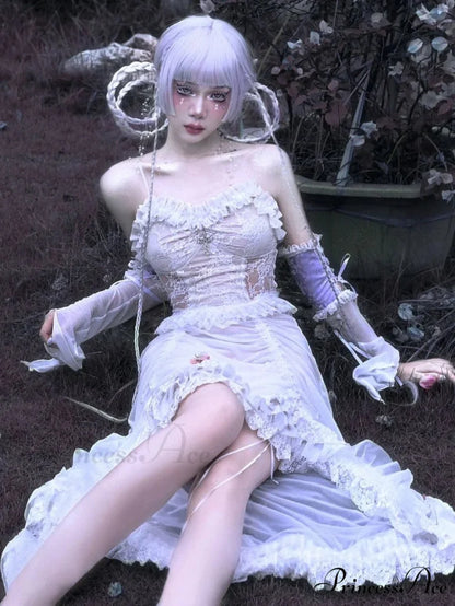 White Gothic Rope Lace Flying Sleeve Stiletto Strap Asymmetric Light Lolita Summer Party Evening Dress
