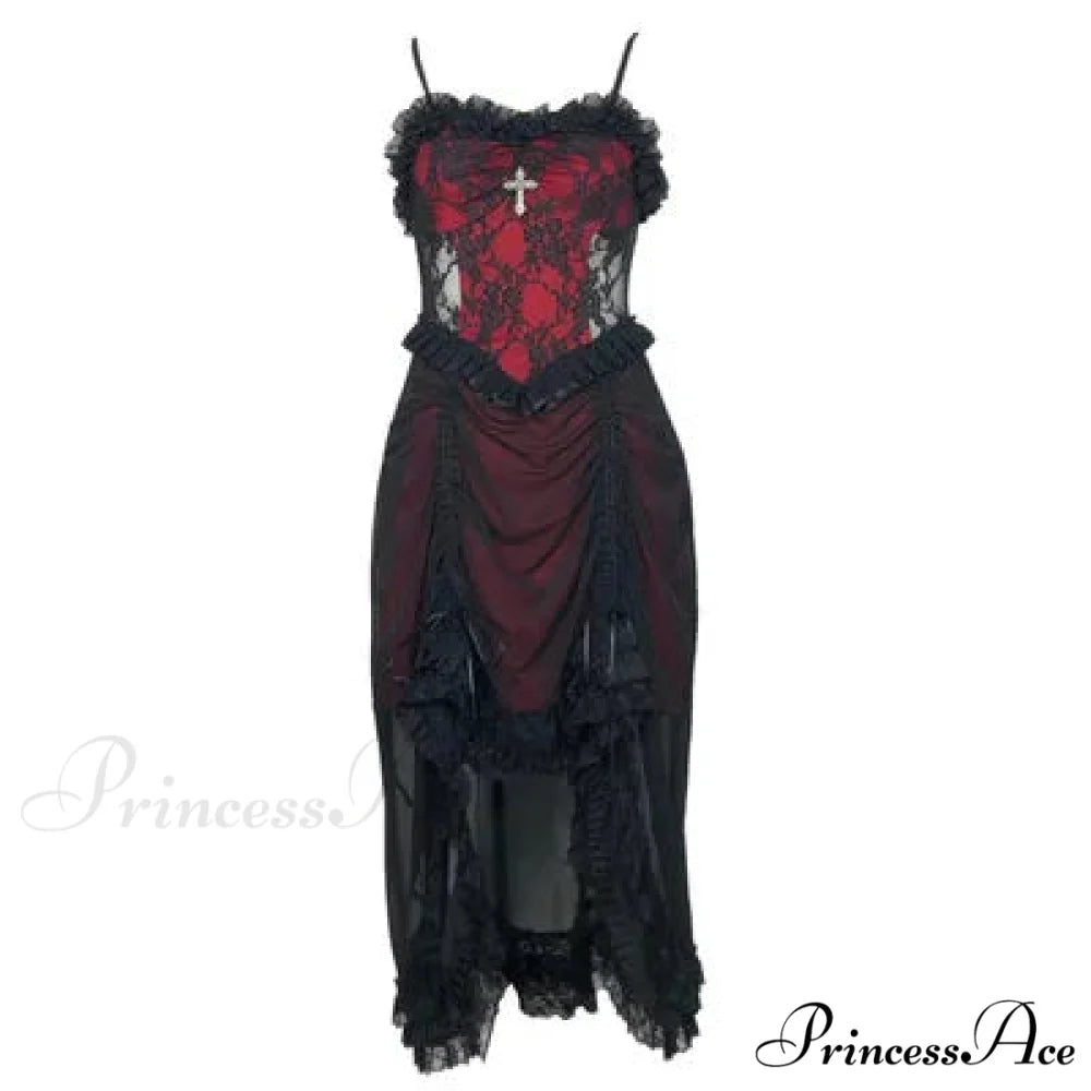 White Gothic Rope Lace Flying Sleeve Stiletto Strap Asymmetric Light Lolita Summer Party Evening Dress black no sleeve