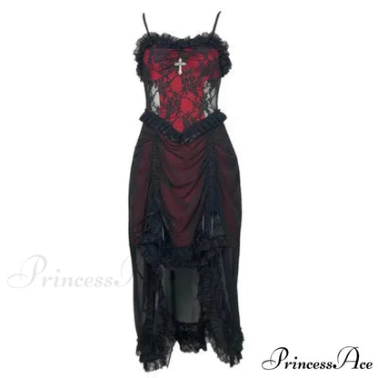 White Gothic Rope Lace Flying Sleeve Stiletto Strap Asymmetric Light Lolita Summer Party Evening Dress black no sleeve