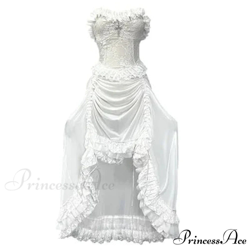 White Gothic Rope Lace Flying Sleeve Stiletto Strap Asymmetric Light Lolita Summer Party Evening Dress white no sleeve