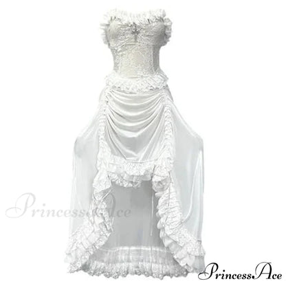 White Gothic Rope Lace Flying Sleeve Stiletto Strap Asymmetric Light Lolita Summer Party Evening Dress white no sleeve