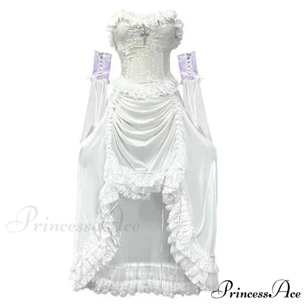 White Gothic Rope Lace Flying Sleeve Stiletto Strap Asymmetric Light Lolita Summer Party Evening Dress white with