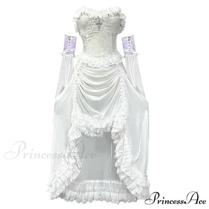 White Gothic Rope Lace Flying Sleeve Stiletto Strap Asymmetric Light Lolita Summer Party Evening Dress white with