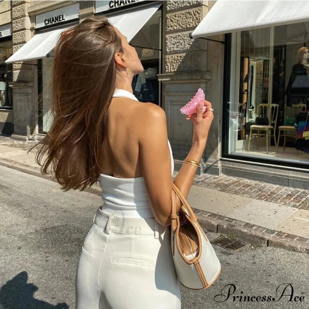 White Halter Backless for Women Streetwear 2024 Sleeveless Ribbed Knit Vest Cropped Feminino Tank top