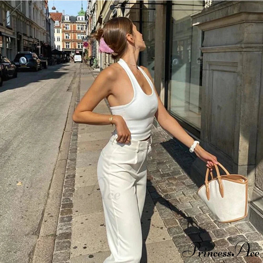 White Halter Backless for Women Streetwear 2024 Sleeveless Ribbed Knit Vest Cropped Feminino Tank top