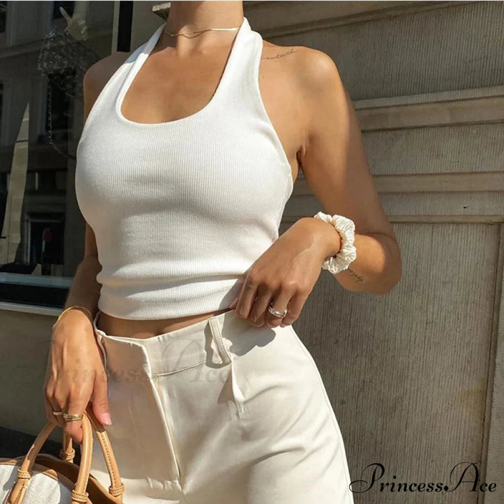 White Halter Backless for Women Streetwear 2024 Sleeveless Ribbed Knit Vest Cropped Feminino Tank top
