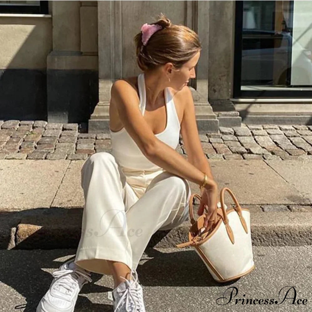 White Halter Backless for Women Streetwear 2024 Sleeveless Ribbed Knit Vest Cropped Feminino Tank top