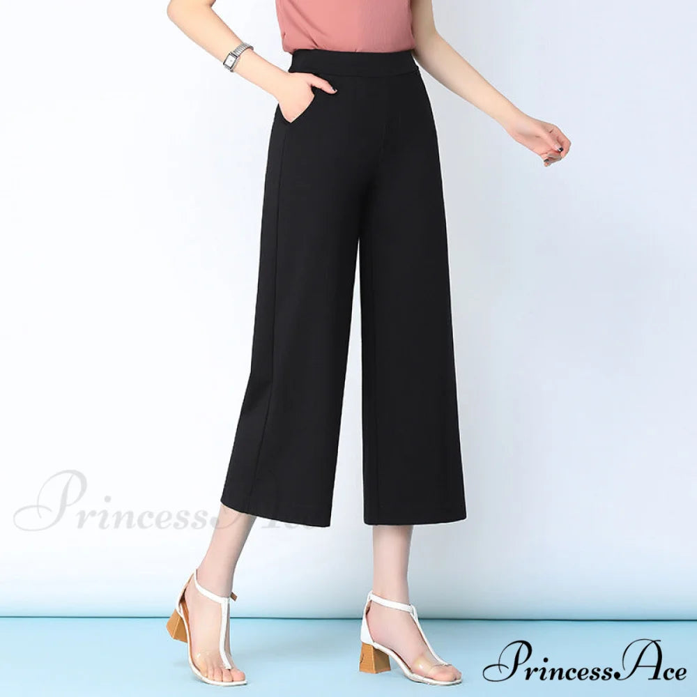 White High Waist Wide Leg Capris Pants black / S