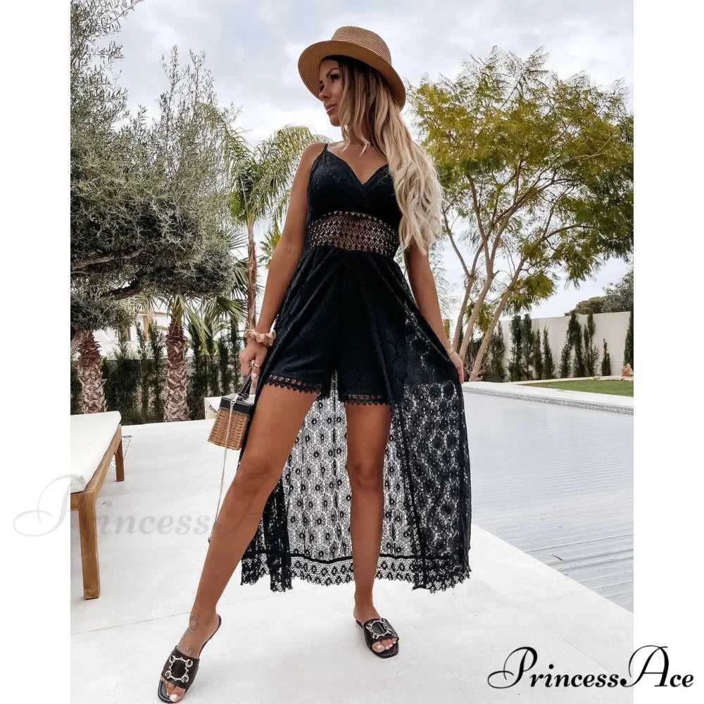 White Hollow Out Lace Strapless Seductive Split Midi Boho Dress Black / XS bohodress-250126