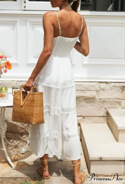 White Hollow Out Strapless Separated Sleeveless Maxi Boho Dress bohodress-250126