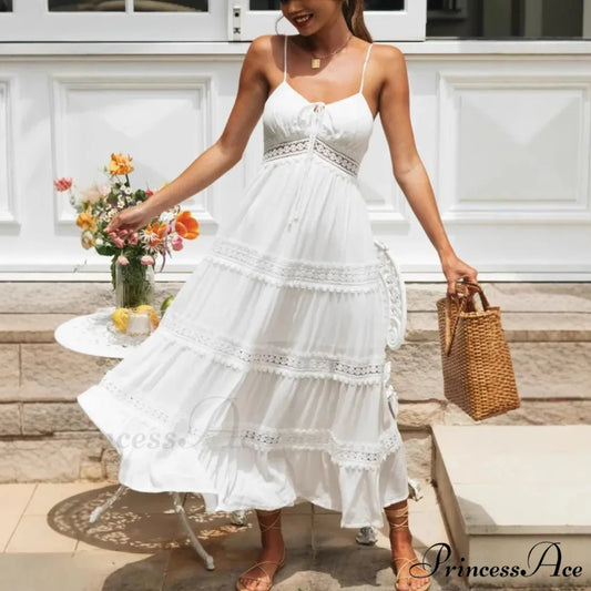 White Hollow Out Strapless Separated Sleeveless Maxi Boho Dress bohodress-250126