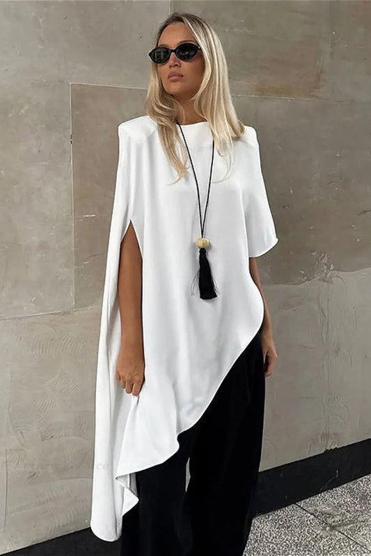 White Irregular Round Neck Short Sleeve Blouse