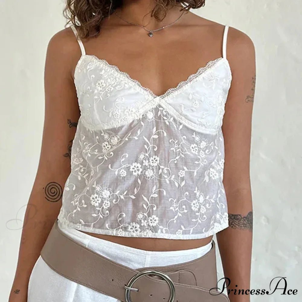 White Jacquard Floral Lace Trim V Neck Cute Fairycore 00s Y2K Camisole Crop Top croptop-250126