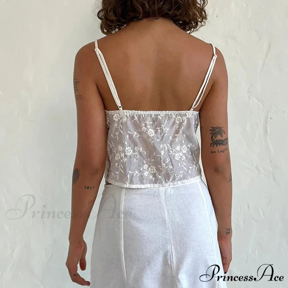 White Jacquard Floral Lace Trim V Neck Cute Fairycore 00s Y2K Camisole Crop Top croptop-250126