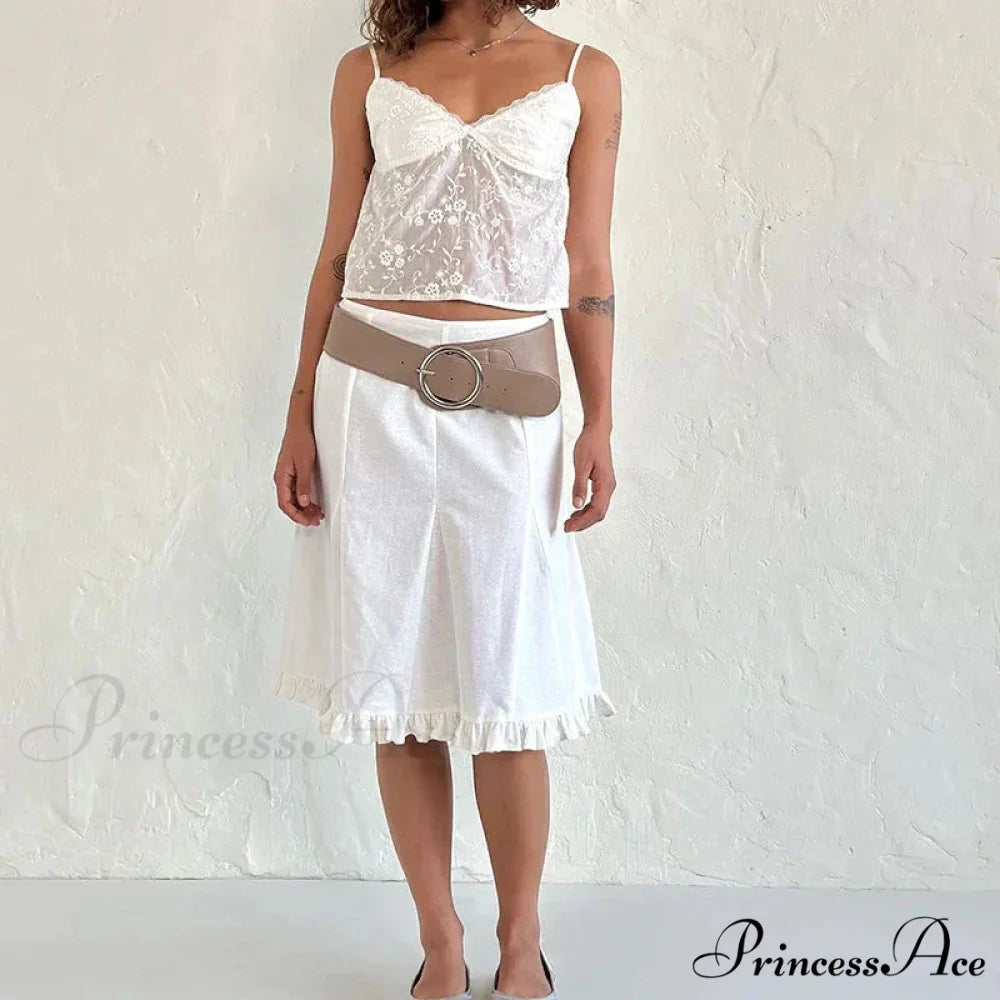 White Jacquard Floral Lace Trim V Neck Cute Fairycore 00s Y2K Camisole Crop Top croptop-250126