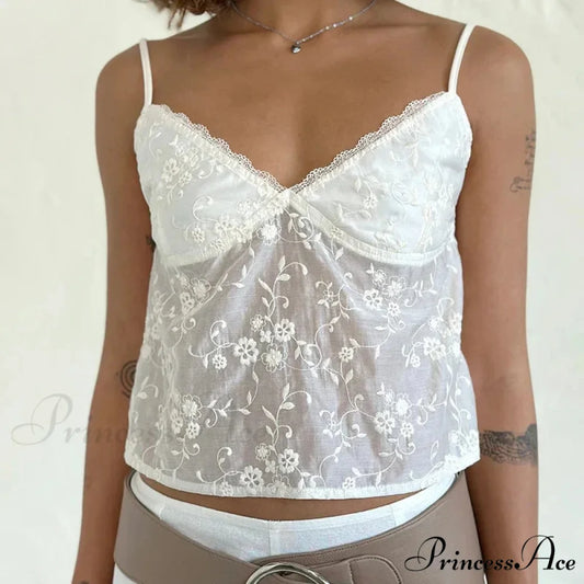White Jacquard Floral Lace Trim V Neck Cute Fairycore 00s Y2K Camisole Crop Top WHITE / S croptop-250126
