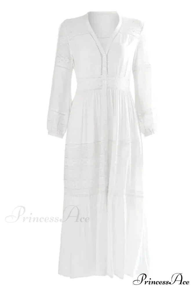 White Lace Button Down Maxi Dress with Floral Design